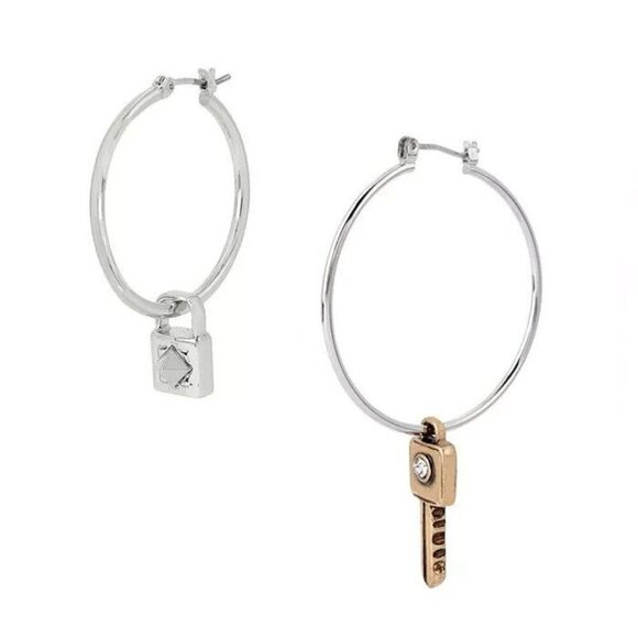 Steve Madden Silver-Brass Lock & Key Charms Pave Accent Two Sized Hoop Earrings - Picture 2 of 4